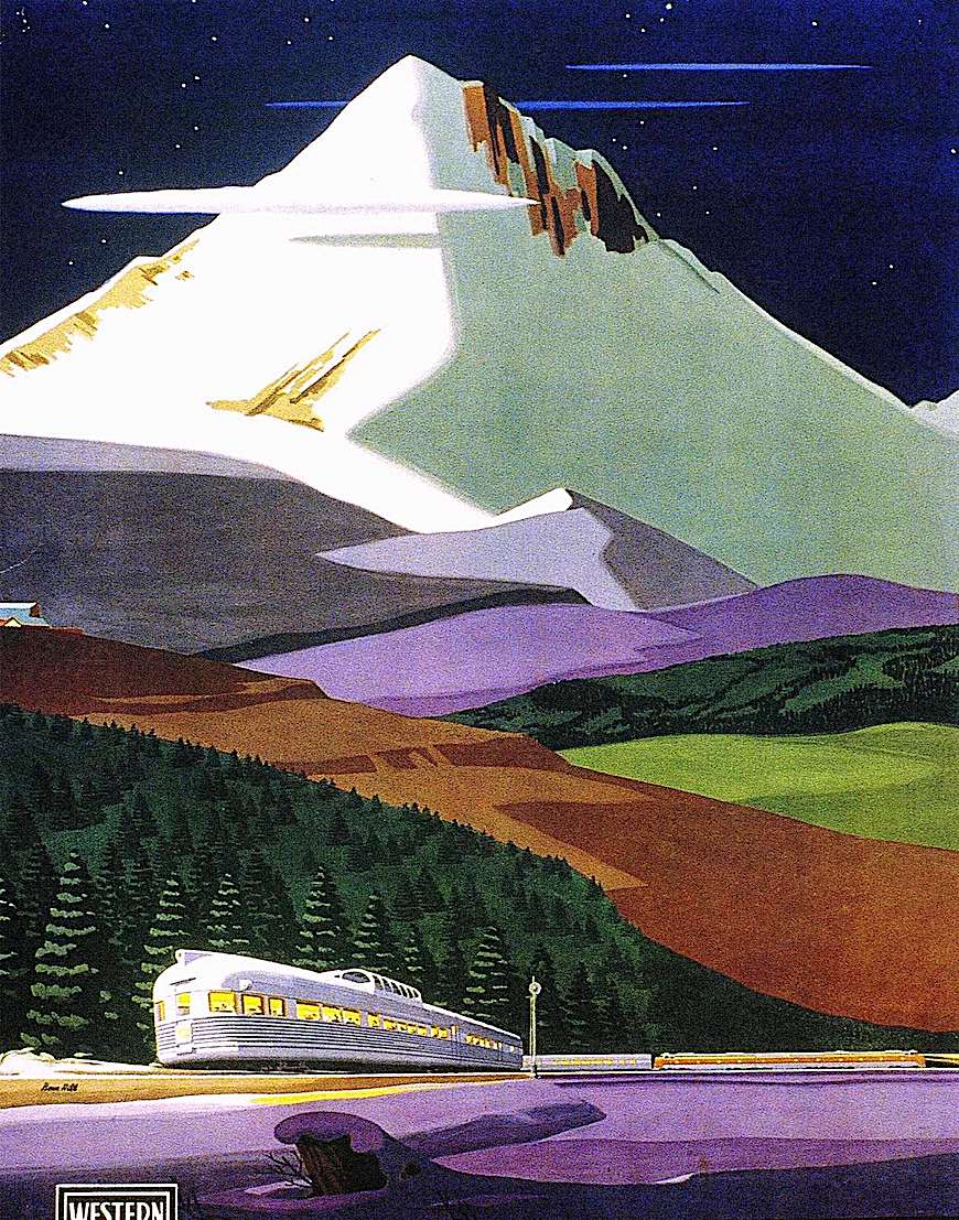 1950 illustration 1950 illustration of a train in snowy mountains, Western Rail