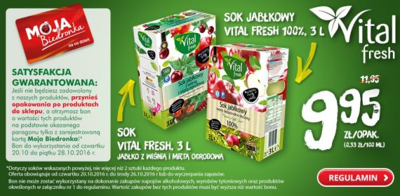Satysfakcja gwarantowana w Biedronce (sok Vital Fresh 3l) - zwrot za zakupy Konkurs