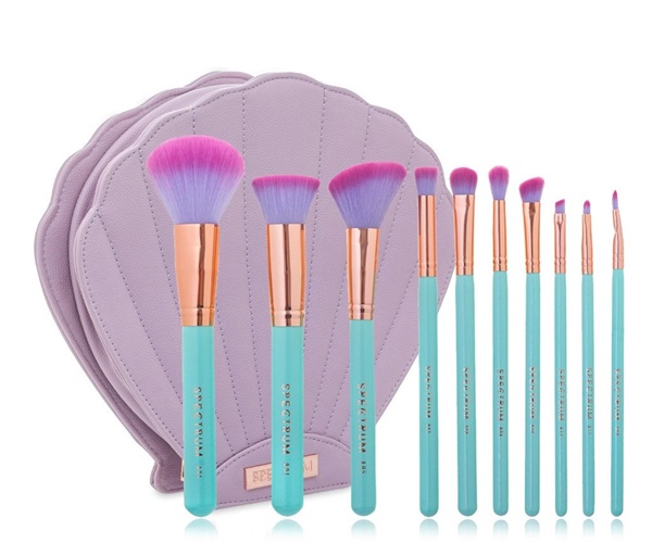 Pincéis de maquiagem azul, roxo e rosa inspirados nas sereias e necessaire de concha
