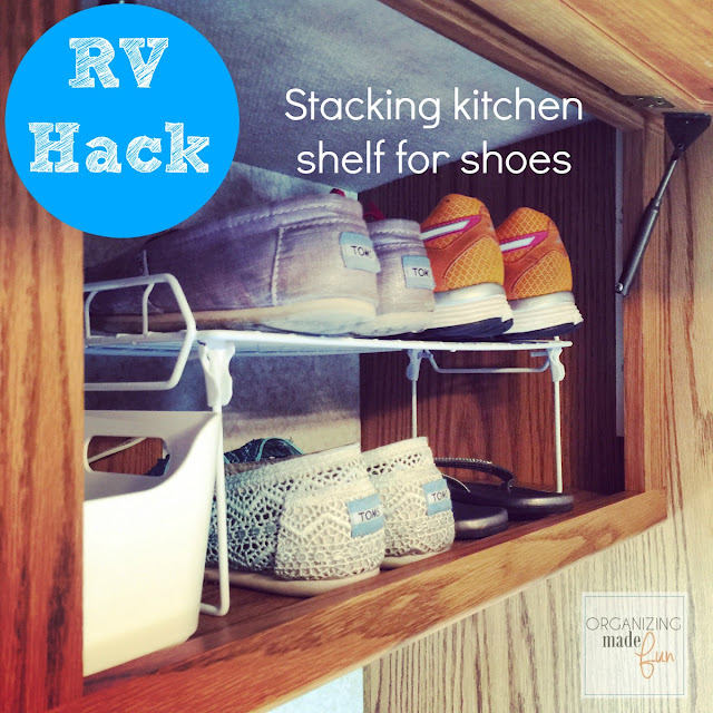 RV Hack - use kitchen stack shelves for shoe space ::OrganizingMadeFun.com