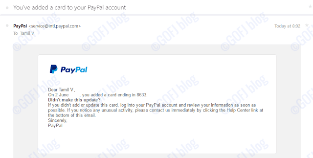 Credit or debit card linked confirmation email from PayPal