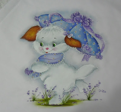 pintura em tecido manta com cachorrinha de guarda chuva lilás