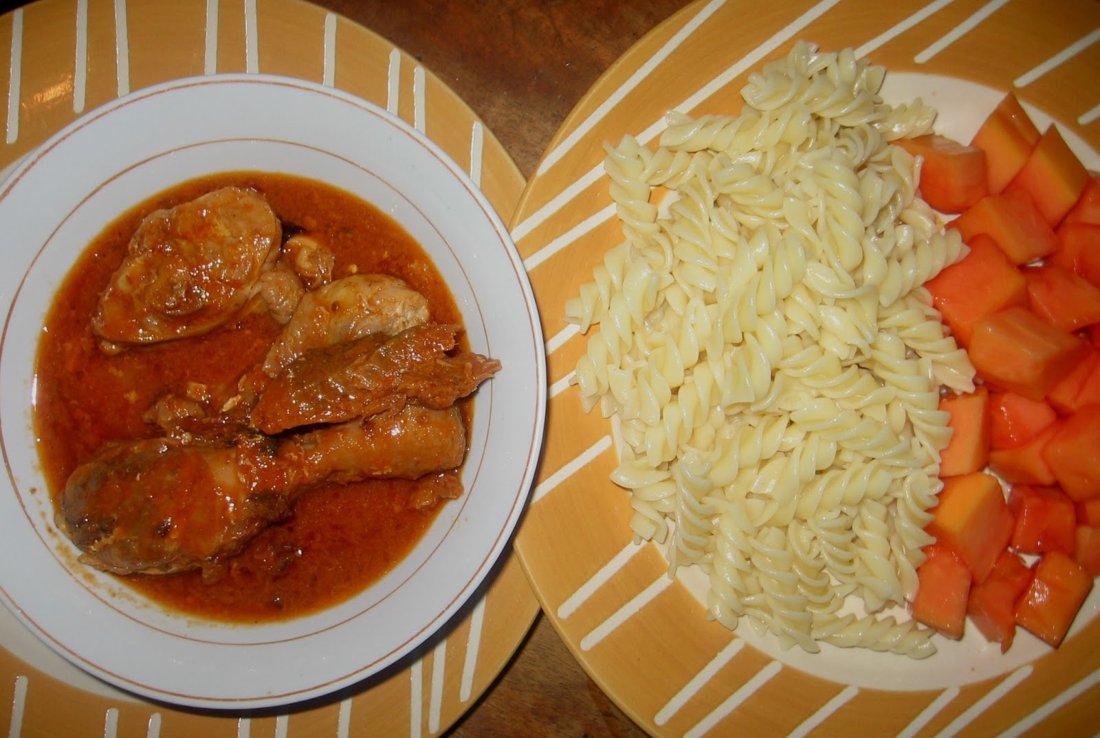 Chicken Stew With Boiled Macaroni And A Side Of PawPaw