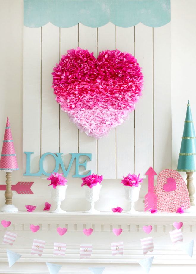 Valentine's Day Mantel with Ombre Tissue Paper Heart - Remodelando