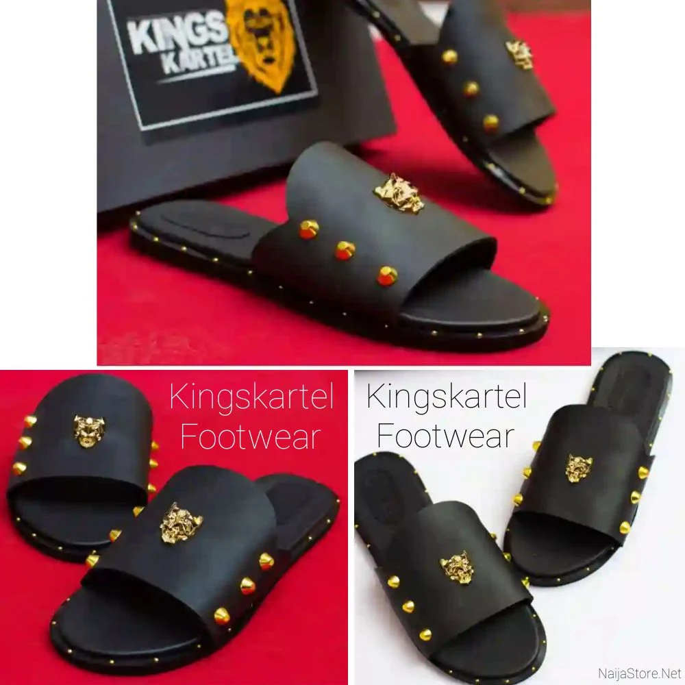 Kingskartel Sandals: Men's Panther Gold Strapless Slides-On Palm Slippers - Flat Open-Toe Casual Leather Footwear