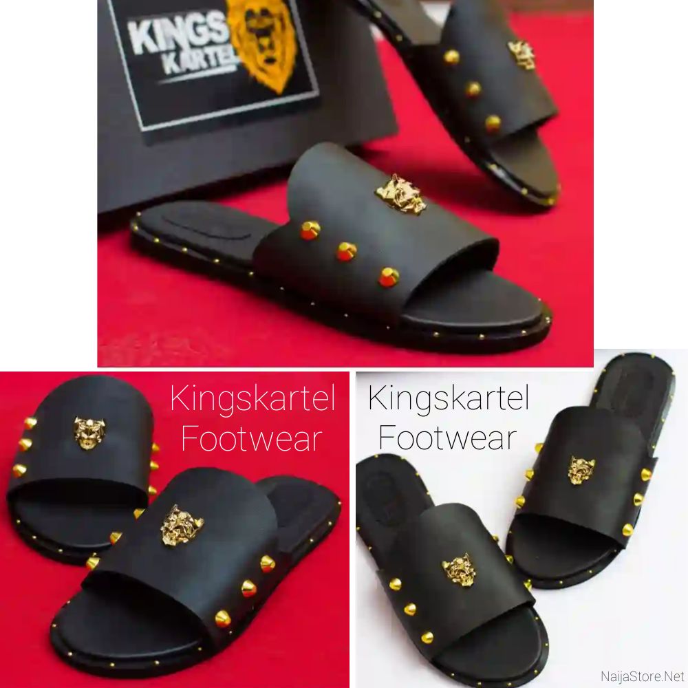 Kingskartel Sandals: Men's Panther Gold Strapless Slides-On Palm Slippers - Flat Open-Toe Casual Leather Footwear