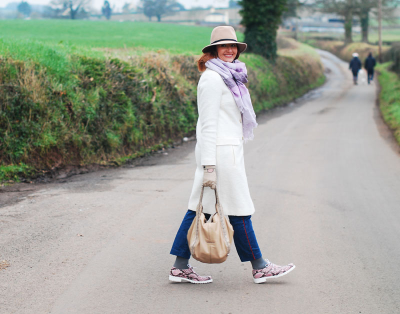 Cold weather outfit: Long white wool coat oversized lilac scarf camel fedora dark wash boyfriend jeans pink snakeskin lace up shoes | Not Dressed As Lamb, over 40 style Cold weather outfit: Long white wool coat oversized lilac scarf camel fedora dark wash boyfriend jeans pink snakeskin lace up shoes | Not Dressed As Lamb, over 40 style