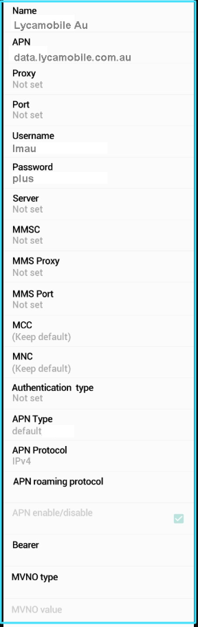 New Lycamobile APN Settings android