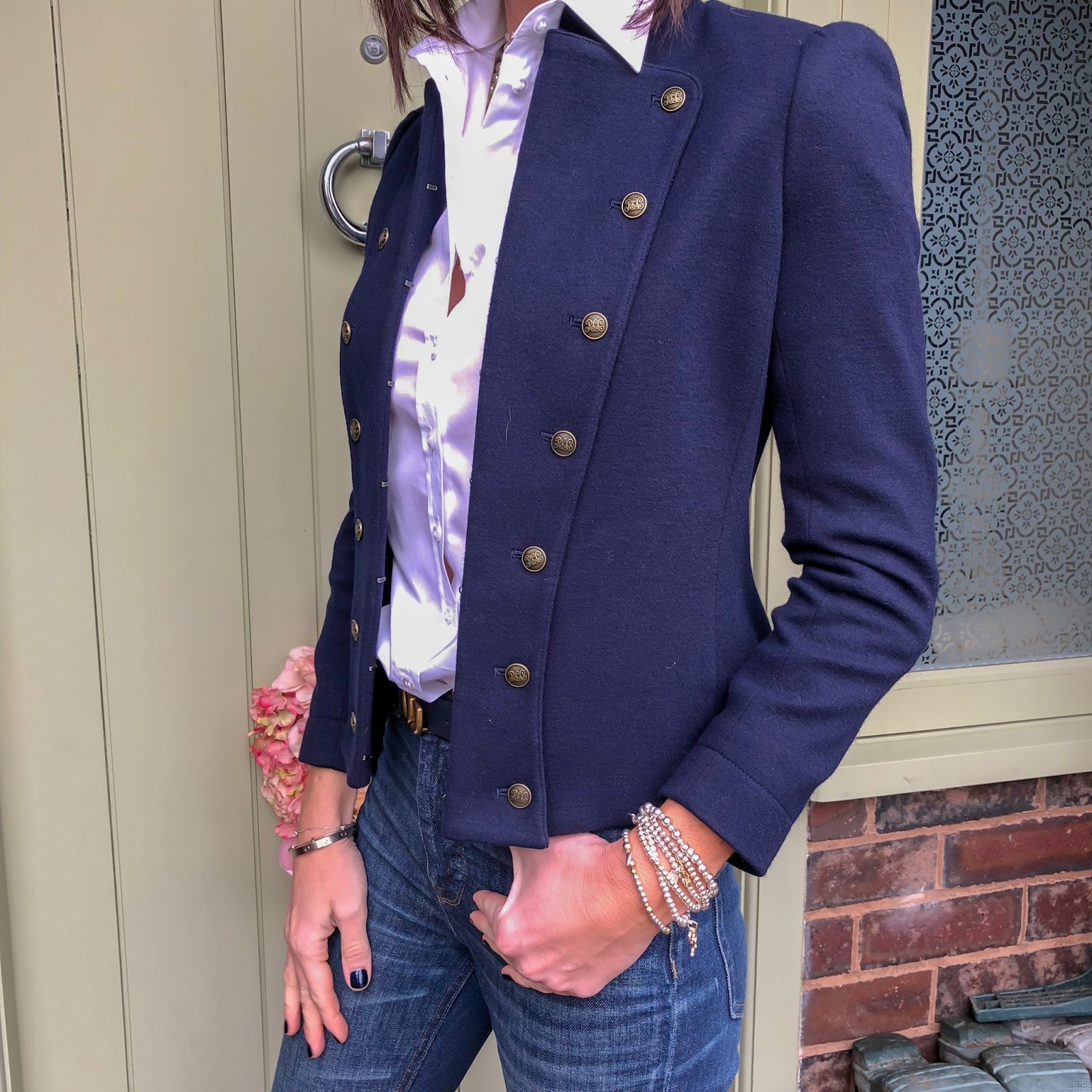 my midlife fashion, hawes and curtis white poplin semi fitted shirt single cuff, ralph lauren wool military jacket, j crew twisted hammock pearl necklace, gucci double GG belt, j crew cropped kick flare jeans, marks and spencer stiletto heel side zip ankle boots