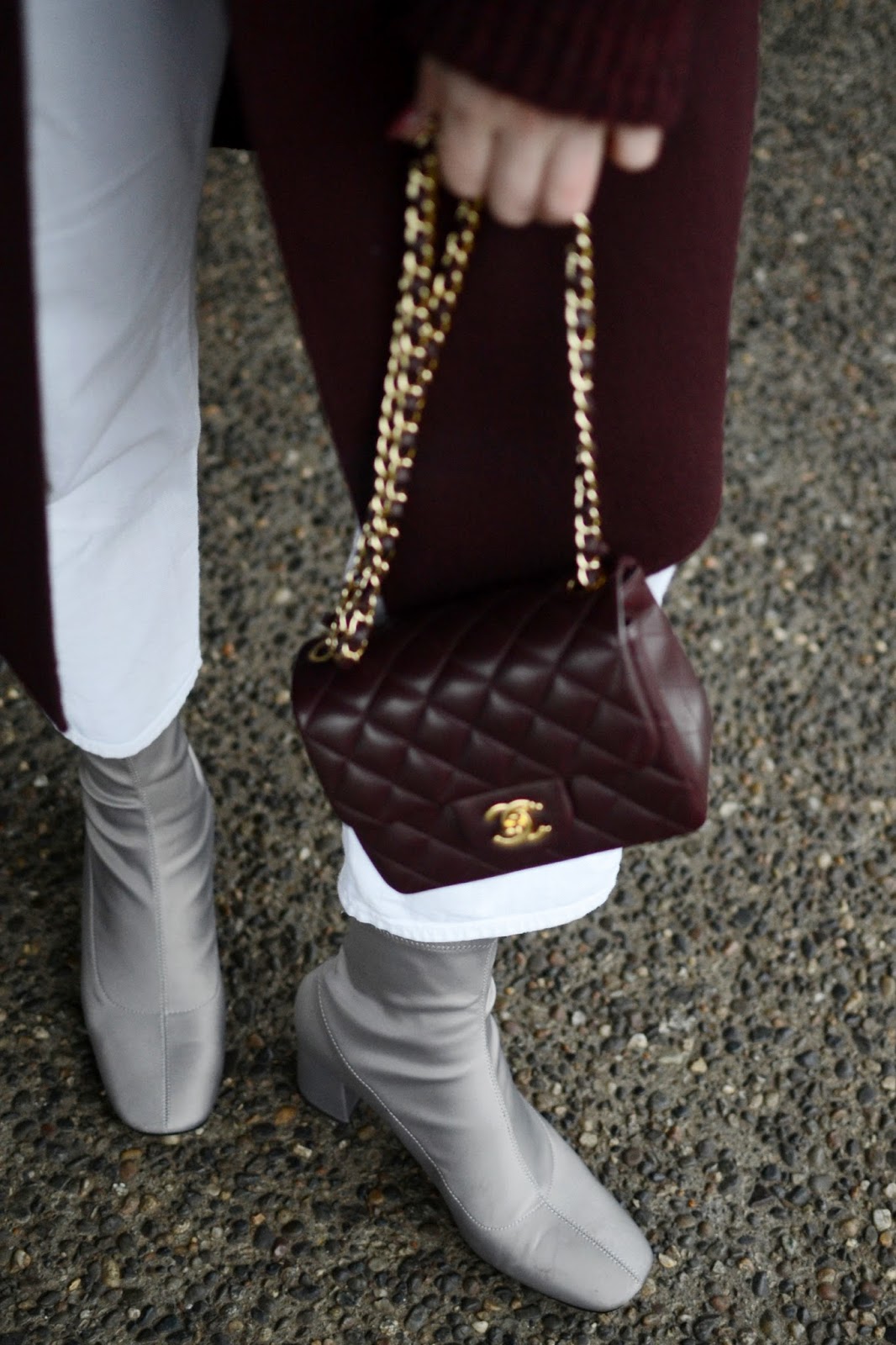 burgundy theory coat outfit vancouver fashion blogger  aleesha harris chanel mini flap bag frank and oak sweater