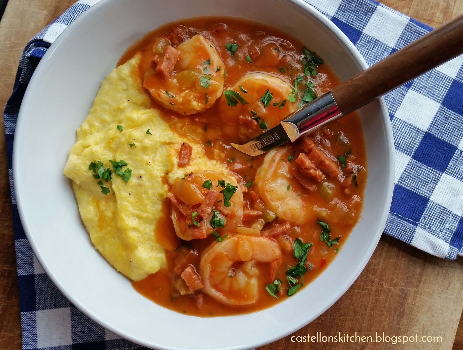 Castellon's Kitchen Shrimp and Andouille Sausage with Cheesy Grits