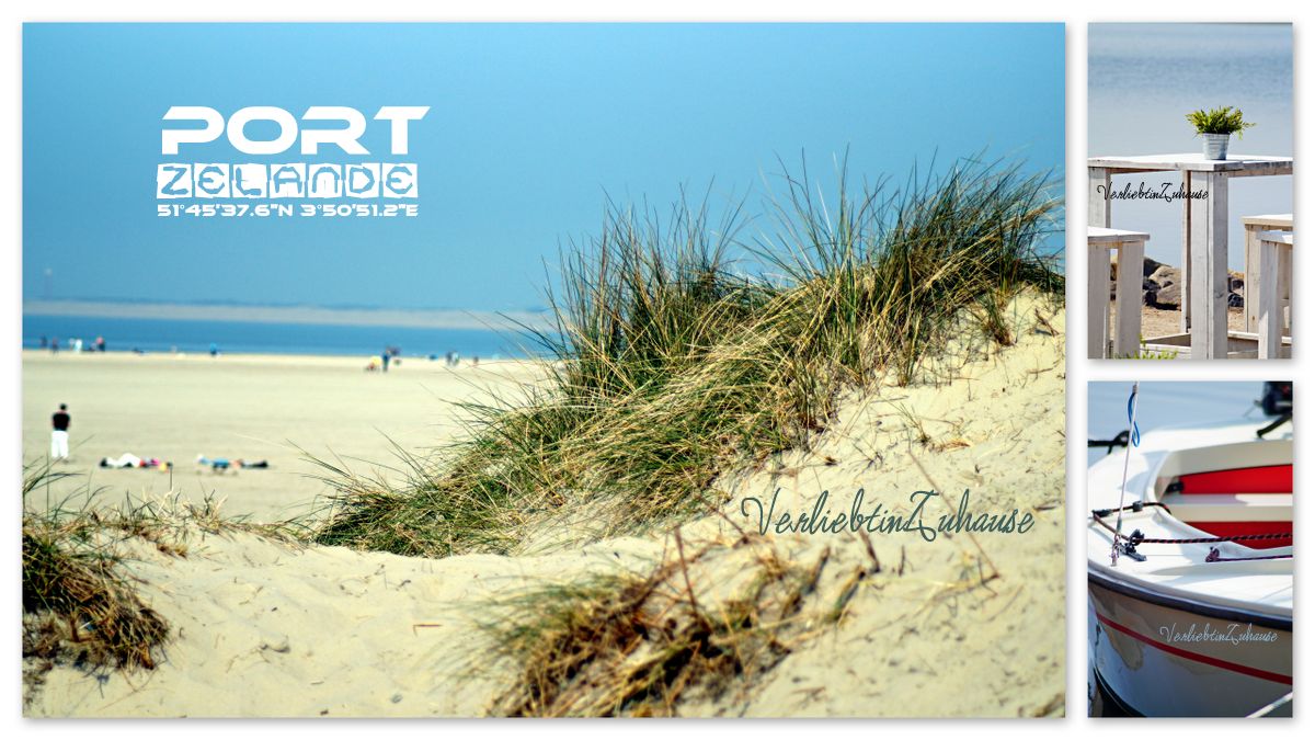 Fotocollage mit Strandlandschaft und Dünen an der Nordsee, Boot und Bartisch mit Hocker zum Verweilen (Port Zelande, Ouddorp, Niederlande)