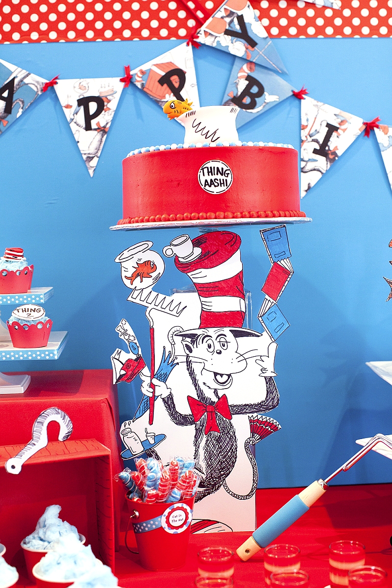 Cat in The Hat Inspired Birthday Party Desserts Table Ideas - via BirdsParty.com