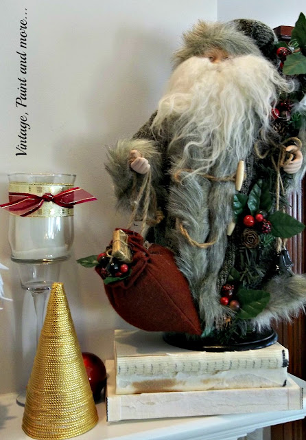 Vintage, Paint and more... Christmas mantel with diy gold cord tree and vintage Santa