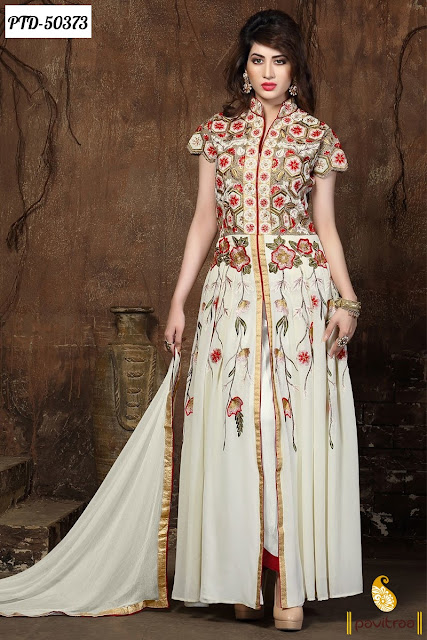 New Year 2016 off white designer anarkali salwar suit online shopping with exciting discount offer deal and sale at pavitraa.in