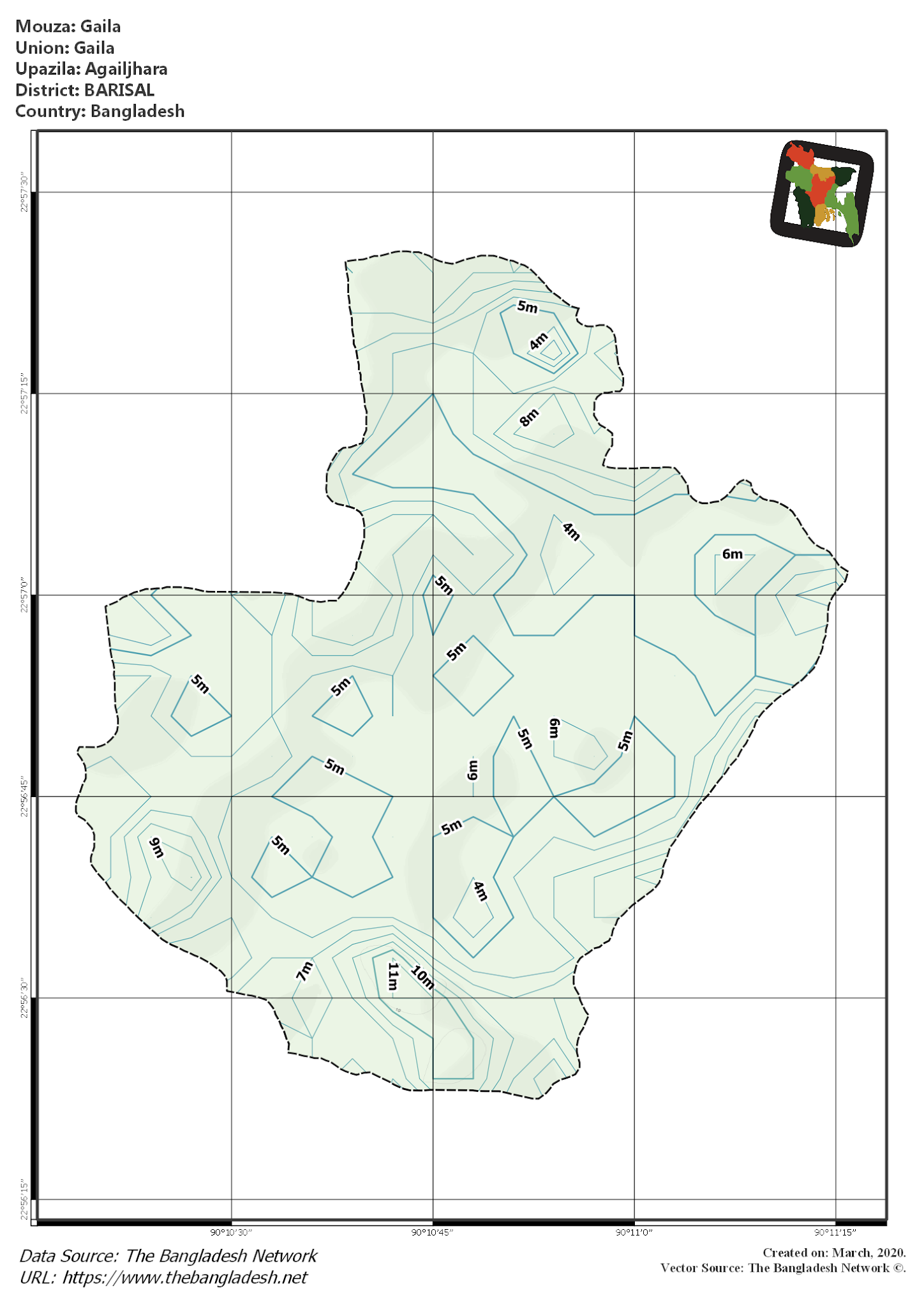 Map of Gaila Mouza of Agailjhara Upazila, BARISAL, Bangladesh.