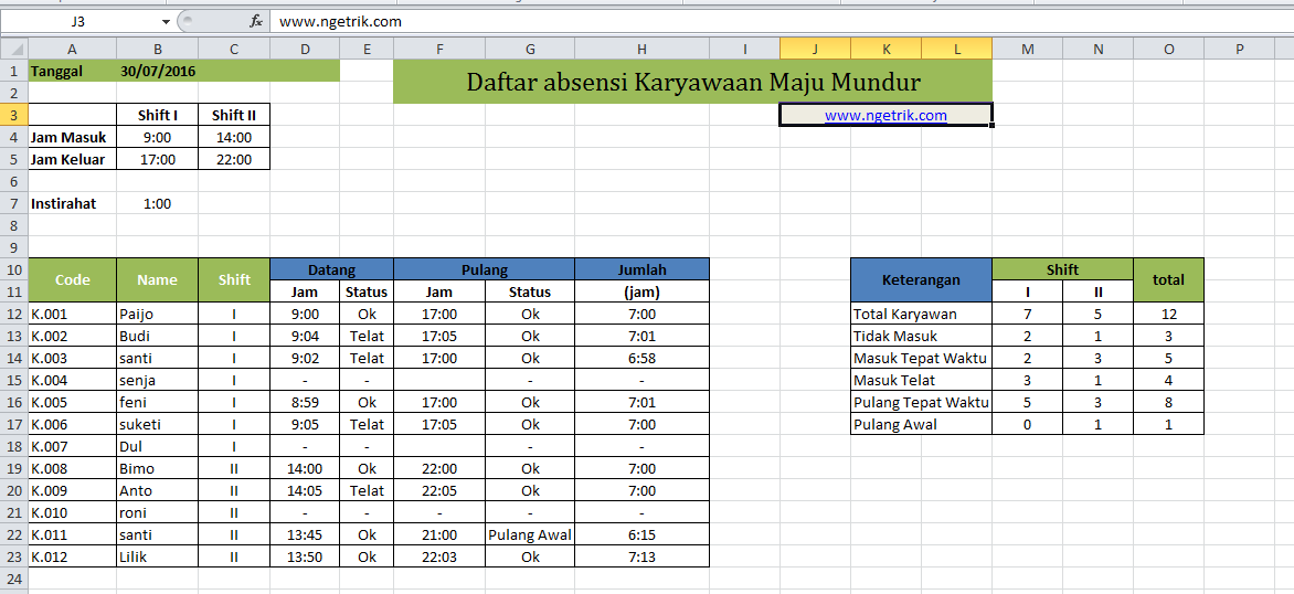 Contoh daftar hadir jam karyawan di excel - Update 