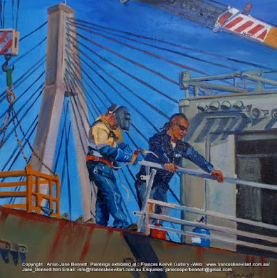 Marine Art-plein air oil painting of ex HMAS Adelaide at Glebe Island Wharf by marine and industrial heritage artist Jane Bennett