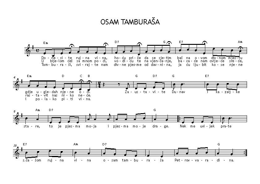 NOTE DOMACE I STRANE OSAM TAMBURAŠA NOTE AKORDI TEKST