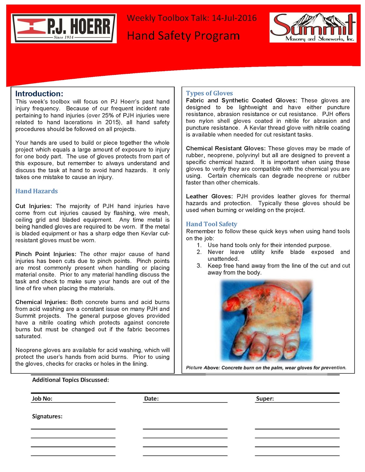 P.J. Hoerr, Inc. P.J. Hoerr & Summit Masonry Weekly Toolbox Talk
