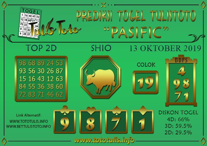 Prediksi Togel PASIFIC TULISTOTO 13 OKTOBER 2019