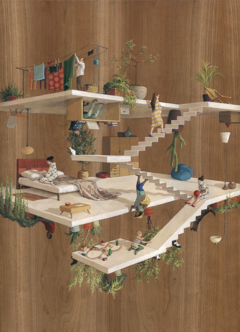 Barcelona artist and illustrator Cinta Vidal Agulló, defied gravity and architectural coherence. Acrylic paint on wooden panels she portrayed a scene with overlapping perspectives.