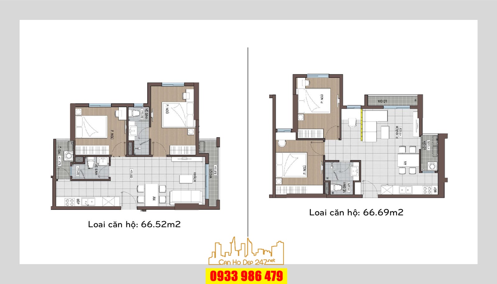 Một kiểu thiết kế khác của loại căn hộ 2PN, diện tích 66m2
