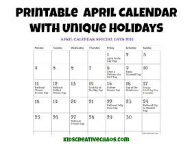 2017 Calendar of April Holidays and Special Days.