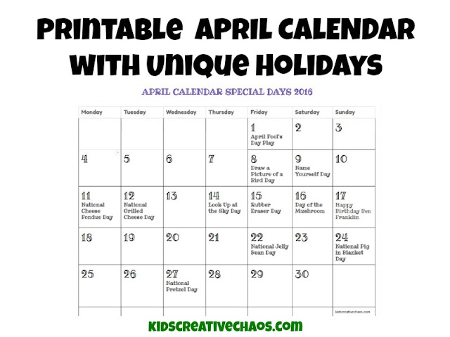 2017 Calendar of April Holidays and Special Days.