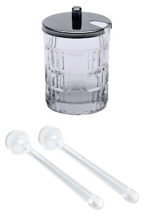 Borcan pentru mustar, realizat din slicla, cu capac din otel inoxidabil, cu lingura din plastic, 2 bucati in cutie - Ø 55x(H)80 mm