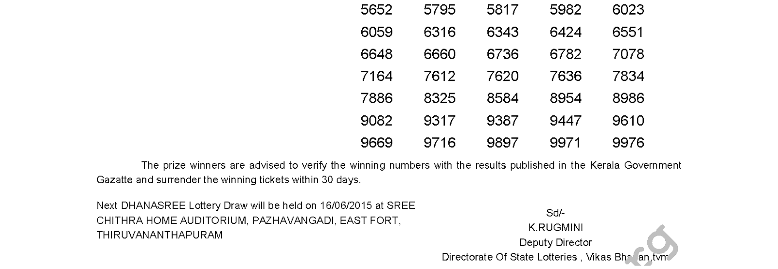 DHANASREE Lottery DS 189 Result 9-6-2015