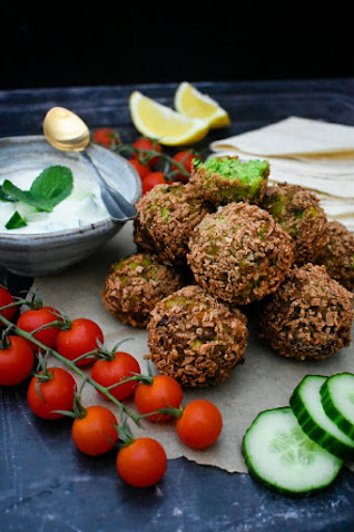 green edamame and pea falafel with a yoghurt, cucumber and mint dip
