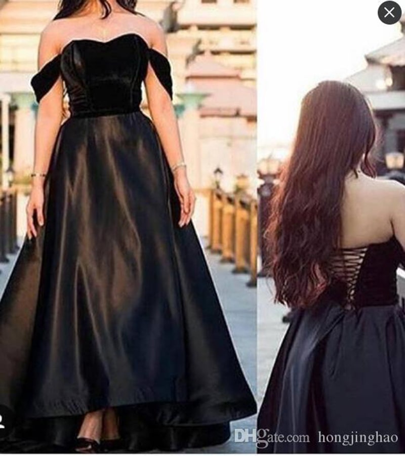 Black Satin Ball Gown Evening Off The Shoulder A-Line Robe De Soiree Formal Prom Party Gowns 