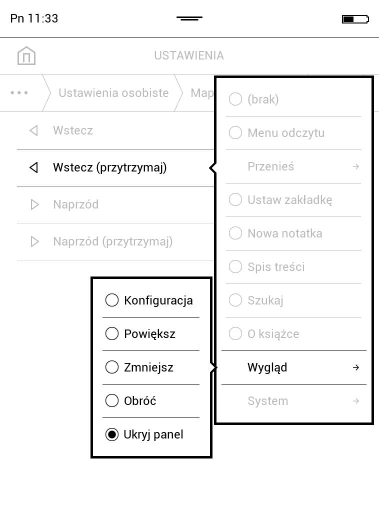 PocketBook Touch Lux 4 – lista funkcji, które można przypisać klawiszom pod ekranem z uwzględnieniem powiększania i zmian wyglądu tekstu
