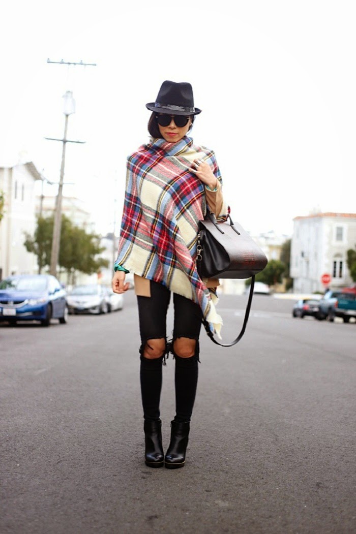 Asos oversized plaid blanket scarf, Target plaid scarf, how to, fedora hat, karenwalker harvest sunglasses, alexander wang bag, nude blazer, street style, Unif jeans, missguided chelsea boots, pfw, shallwesasa, baublebar 360 pearl studs, ily couture ring pack,san francisco, fashionblog