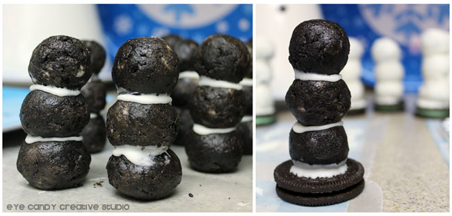 stacking the cookie balls to make a snowman, oreo cookie balls
