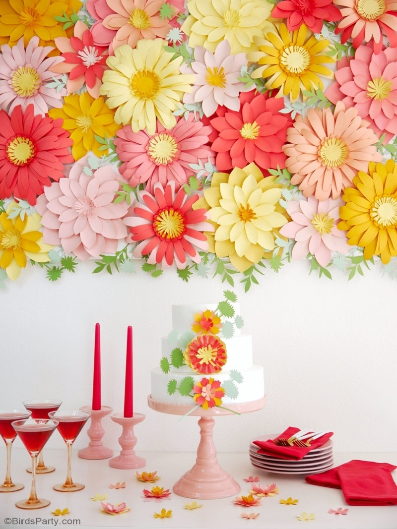 DIY Paper Flowers Backdrop - easy paper craft tutorial for creating beautiful paper flowers for weddings, party photo-booth or home decor! by BirdsParty.com @birdsparty #floralbackdrop #paperflowers #flowerbackdrop #diypaperflowers #diybackdrop #diyweddingbackdrop #didyfloralarch #floralarch #floralwall #diy 