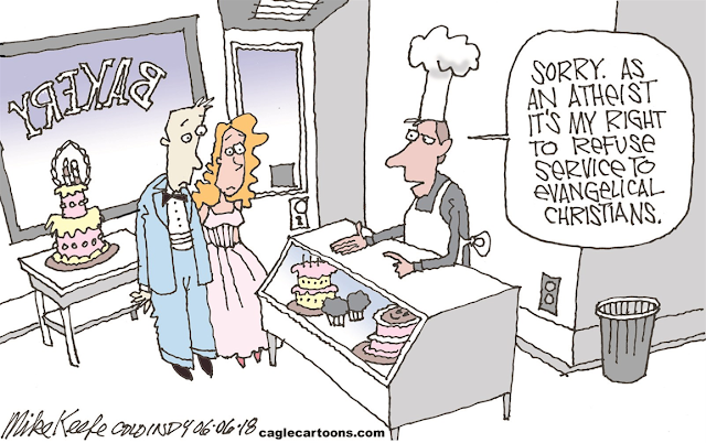 Baker to bridal couple:  Sorry, as an atheist, it's my right to refuse service to evangelical 