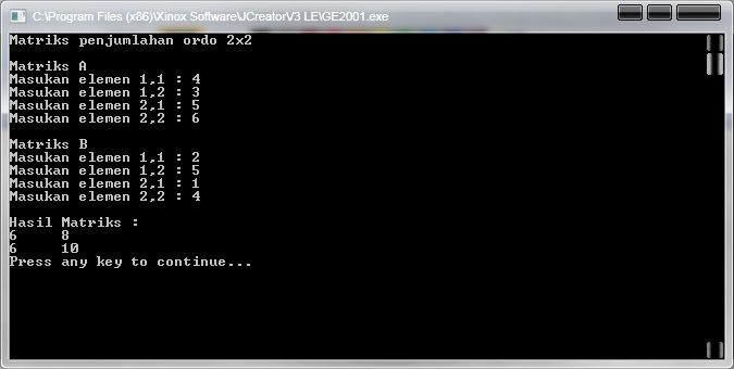 Edith Pro: Program Matriks 2x2 Penjumlahan dengan Java