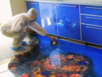 installing 3D flooring art with epoxy floor coating