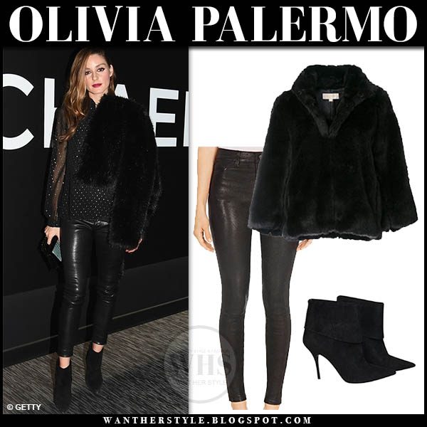 Olivia Palermo In Black Faux Fur Jacket Leather Pants And