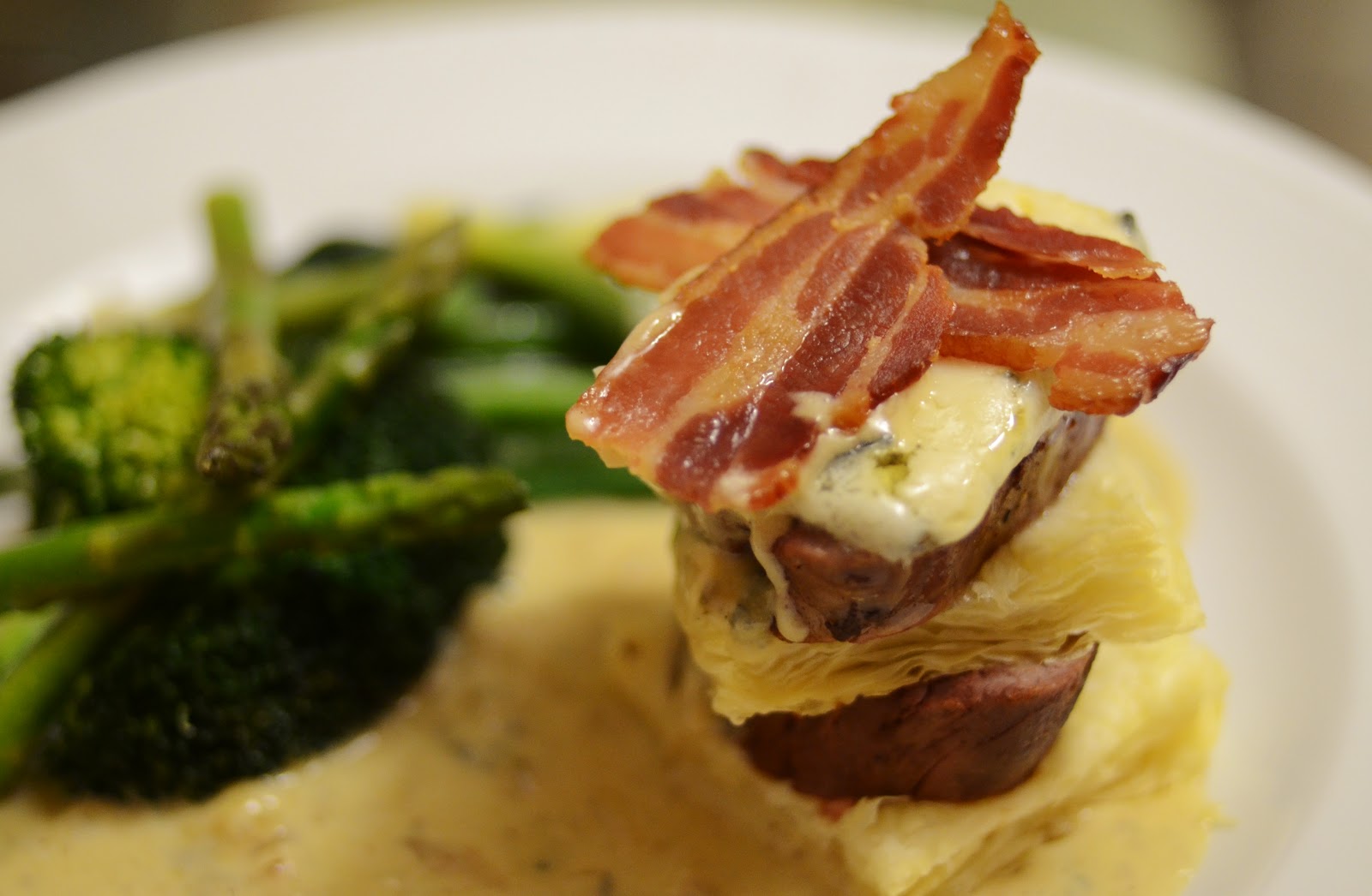 Medllions of fillet steak, crispy smoked pancetta, Saint Agur