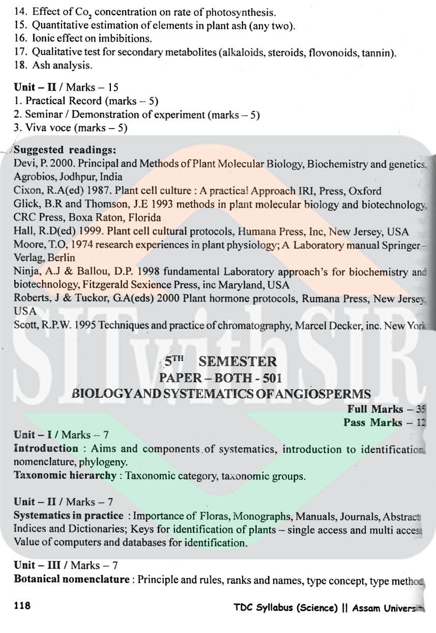 Botany Honours Syllabus for 5th semester of Assam University Silchar