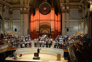 Huddersfield Choral Society rehearsing at Huddersfield Town Hall