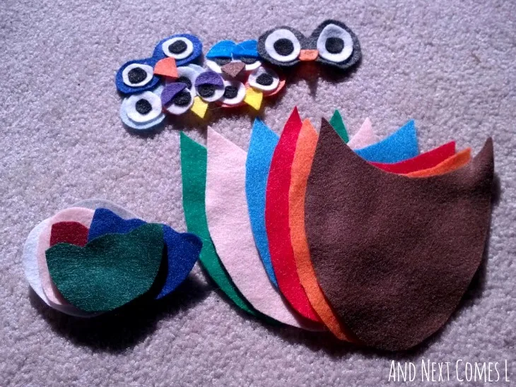 Pieces in the mix and match owl felt board set from And Next Comes L