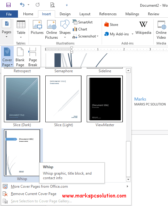 Marks Pc Solution: Using Default Cover Pages In Ms Word