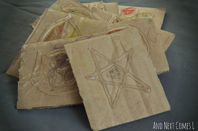 Busy bag idea for kids - make crayon rubbing cards using hot glue from And Next Comes L