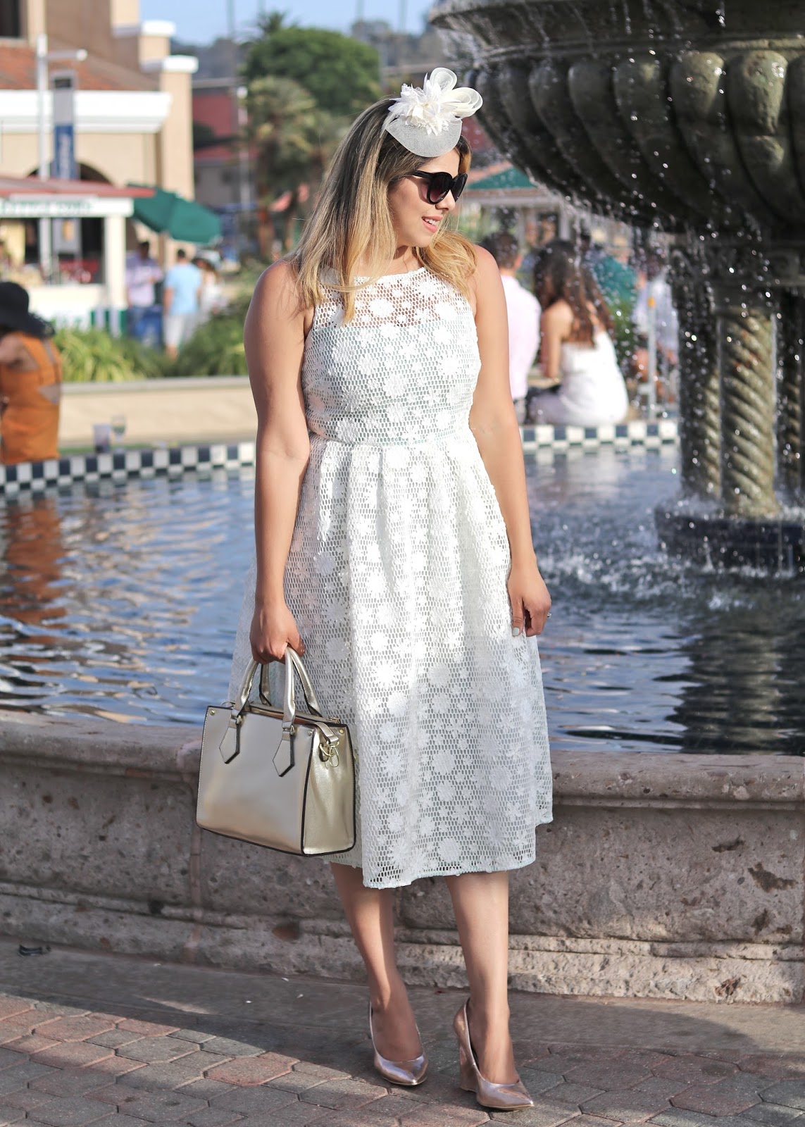 What to wear to Opening Day at the Del Mar Racetrack white midi dress, what to wear to your rehearsal dinner, what to wear to your bridal shower, midi white dress asos