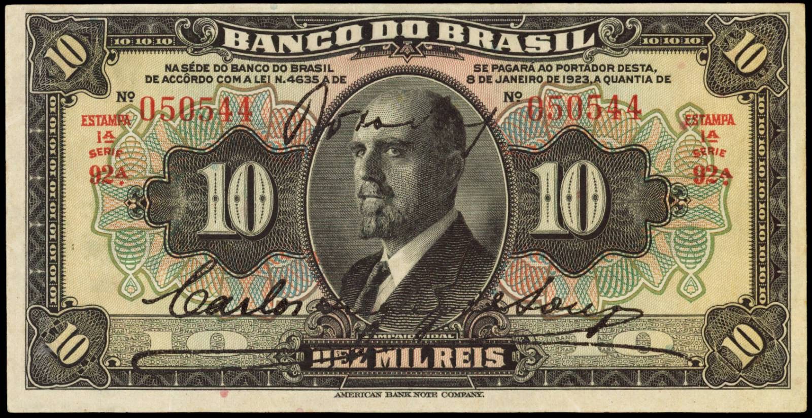 Brazil banknotes 10 Mil Reis banknote of 1923 Rafael de Abreu Sampaio