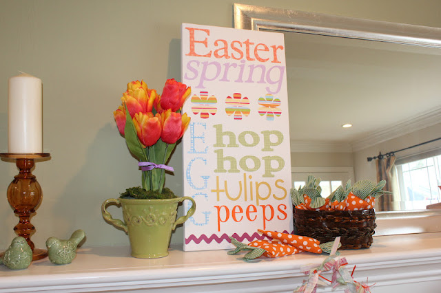easter, mantel, subway sign, carrots, tulips